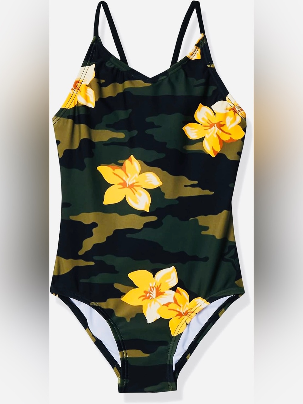Girls' Camo One-Piece Swimsuit with Yellow Floral Accents